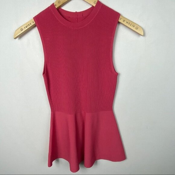 Theory Textured Gloss Shell Hot Pink Ribbed Knit Top Size XS Peplum Sleeveless - Picture 3 of 10